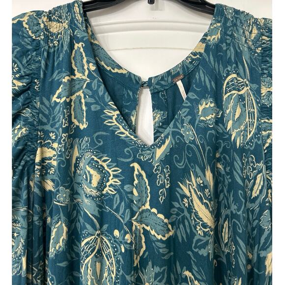 Free People Hello Lover Turquoise Floral Puff Sleeve Mini Dress Tunic Top L Boho - Picture 10 of 16
